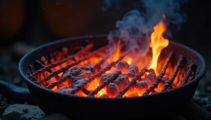 Gleaming black grill, vibrant flames lick empty grate, flames, intense, burning