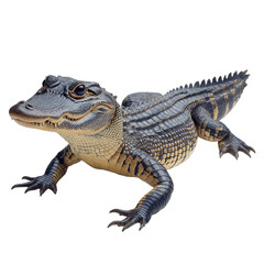 Fototapeta premium Side view of a crocodile basking in the sun, isolated on a white background, realistic stock photograph showing detailed scaly texture and relaxed posture, perfect for nature, wildlife