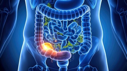 Anatomical illustration showing digestive system with lower abdominal pain in blue toned translucent human body