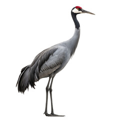 Obraz premium Side view of a crane bird standing in a wetland, isolated on a white background, realistic stock photograph showing long legs, slender neck, and elegant posture, ideal for nature, bird