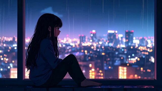 Girl sitting by window watches a rainy cityscape at night with blurred city lights and dark hair in an anime style.