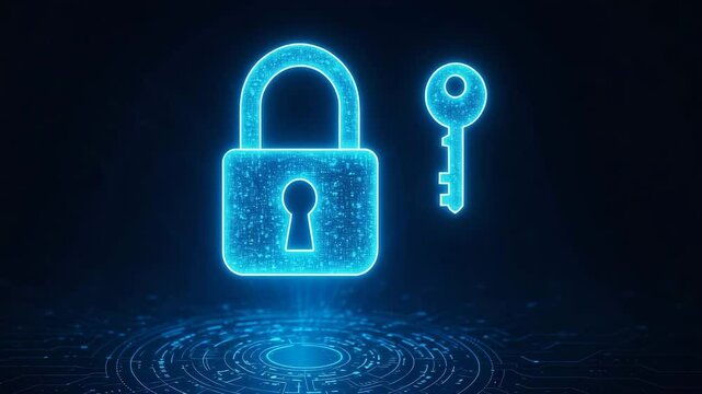 A digital lock and key illustration using glowing blue neon effects, symbolizing the concepts of security, encryption, and data protection in the modern digital age.