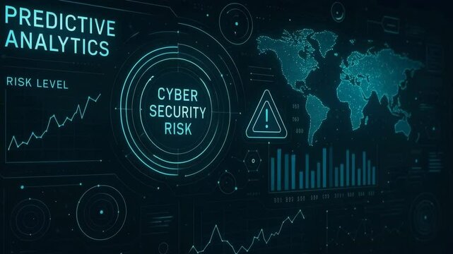 A sleek, modern display of predictive analytics showcasing cyber security risks. It features graphs, global maps, and warning icons emphasizing the importance of data security.