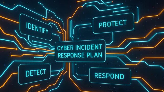 Illustration of a cyber incident response plan with interconnected processes such as identify, protect, detect, and respond, depicted in vibrant neon colors against a dark backgrou