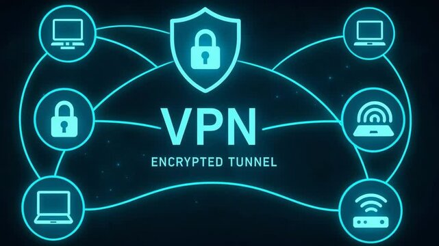 Visual representation of a VPN network illustrating encrypted tunnels connecting various devices for secure online communication and data protection.