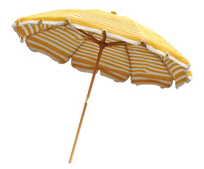 A yellow and white striped beach umbrella with a wooden pole on a black isolated background view