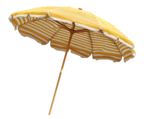 A yellow and white striped beach umbrella with a wooden pole on a black isolated background view