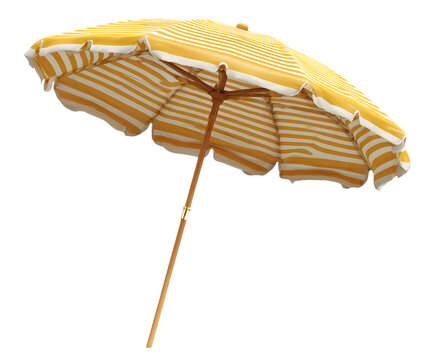 A yellow and white striped beach umbrella with a wooden pole on a black isolated background view