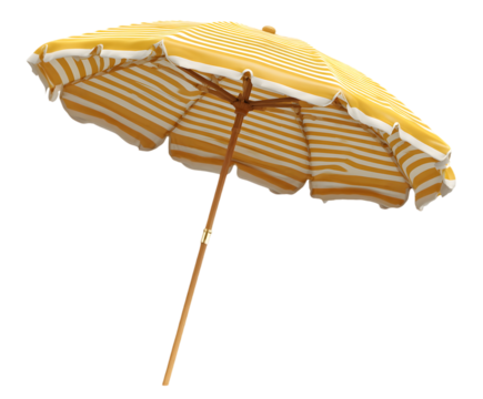 A yellow and white striped beach umbrella with a wooden pole on a black isolated background view