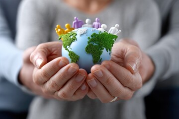 Two hands cradle a small globe surrounded by figures in various colors. This depiction symbolizes world population day, highlighting unity and the diverse human experience across the globe
