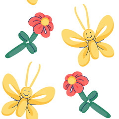 Seamless pattern with butterfly and flower balloons. Sketch vector illustration on white background