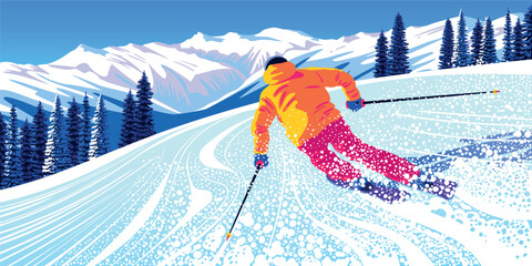 Winter landscape with skier on skiing slope, forest and mountains in the background. Handmade drawing vector illustration. Can be used as poster, banner etc.