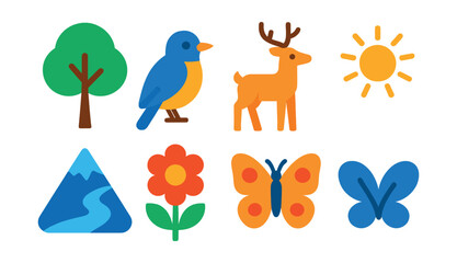 Flat vector icons of nature and wildlife: tree, bird, deer, mountain, river, flower, butterfly, sun.
