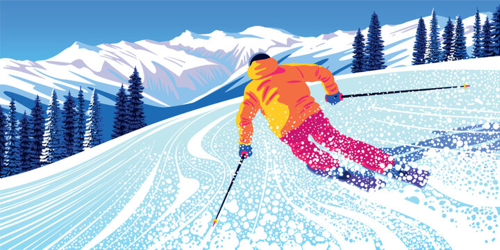 Winter landscape with skier on skiing slope, forest and mountains in the background. Handmade drawing vector illustration. Can be used as poster, banner etc.