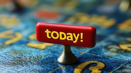 A red sign displaying the word 'today' in a playful and vibrant setting.