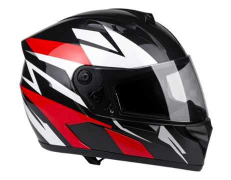 A sleek full-face motorcycle helmet in black, showcasing sharp white and red angular