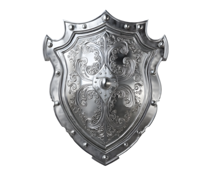 A shiny metal shield with intricate designs and rivets isolated against a black background centered
