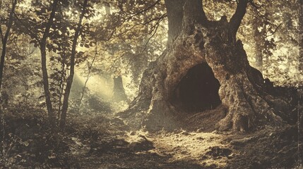 Fototapeta premium Enchanting forest cave, mystical light, ancient trees
