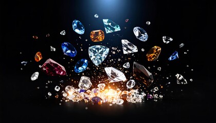 Gemstones exploding on a black background