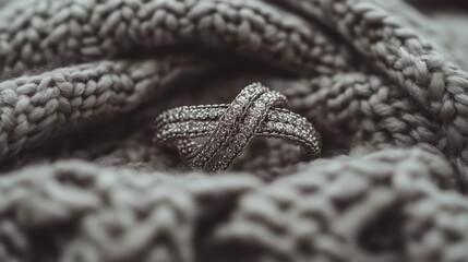 Delicate diamond ring nestled in knitted fabric.