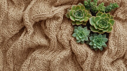 Succulents arranged on a knitted beige blanket.