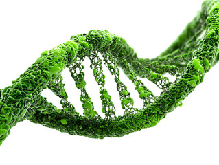 A close up view of a green dna strand against a black background showing the structure in detail