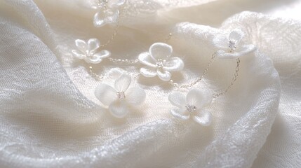 Delicate flower necklace on a sheer fabric.
