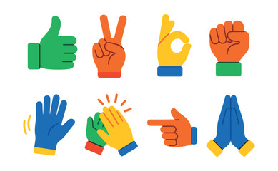 Fototapeta premium Flat vector icons of fun hand signs: thumbs up, peace sign, okay gesture, raised fist, waving hand, clapping hands, pointing finger, folded hands.