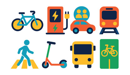 Flat vector icons of sustainable transport: electric bike, charging station, car sharing, metro train, pedestrian crossing, scooter, bus, bike lane.