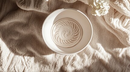Elegant white bowl atop a knitted sweater.