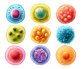 Fototapeta premium Illustration of nine colorful cartoon cells with different structures on a black background