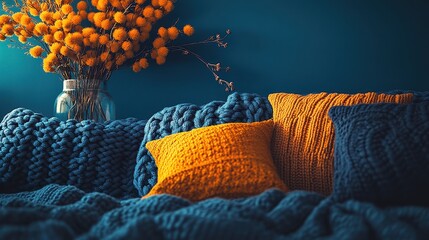 Knitted throw pillows and blankets in a cozy room.