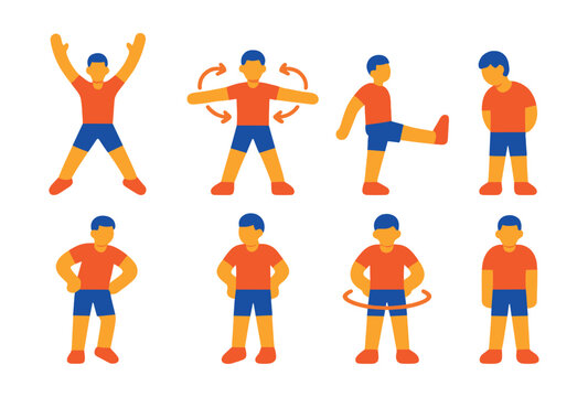 Flat vector icons of warm-up exercises: jumping jacks, arm circles, leg swings, neck rolls, torso twists, calf raises, hip circles, shoulder shrugs.
