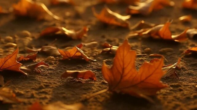 Close-up of dry autumn leaves fallen on the ground, bathed in warm golden light.