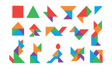 Flat vector icons of tangram pieces: square, triangle, parallelogram, combination shapes, puzzle forms, geometric animals, abstract humans, design configurations.