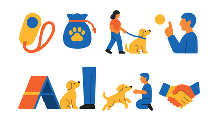 Flat vector icons of pet training: clicker, treat bag, leash training, obedience, agility course, sit command, recall, paw shake.