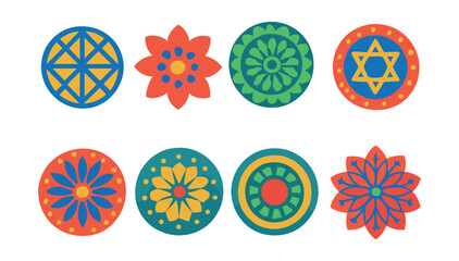 Flat vector icons of geometric mandalas: radial symmetry, circular grids, petal layers, dot accents, sacred geometry, ring patterns, central focus shapes, ornamental divisions.