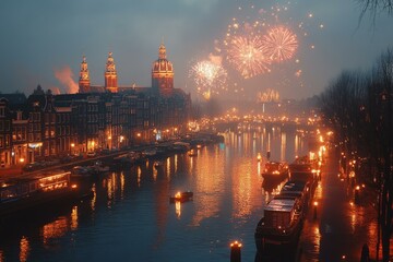 Fototapeta premium Fireworks illuminate Amsterdam canal with festive reflections during celebration night