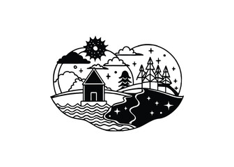 Silhouette of a surreal dream scene isolated on a white background