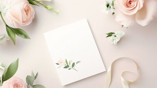  Floral stationery mockup with elegant pink roses and ribbon on soft pastel background for wedding or event design