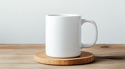  White ceramic mug with wooden coaster on wooden table surface, perfect for branding or marketing mockups.