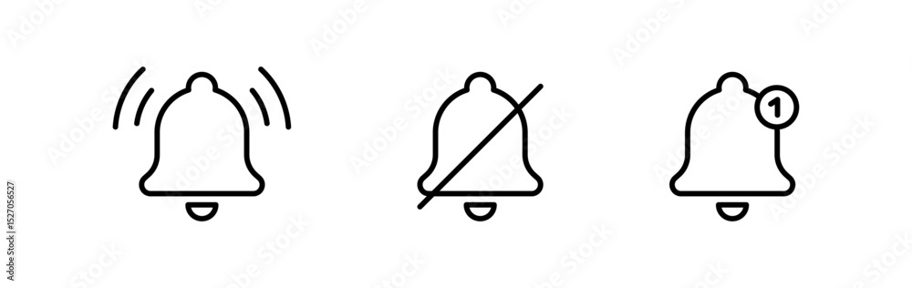 Aufkleber Set of bell icons for notifications, alerts, reminders and silent mode. including mute and count styles. Ideal for mobile apps, messaging platforms, and communication tools. editable stroke
