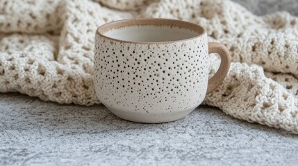 A speckled ceramic mug rests on a textured surface.