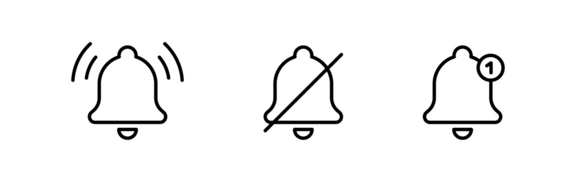 Set of bell icons for notifications, alerts, reminders and silent mode. including mute and count styles. Ideal for mobile apps, messaging platforms, and communication tools. editable stroke