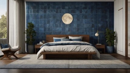 Modern bedroom with blue tiled wall and light-toned furniture