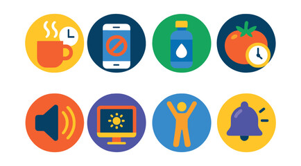 Flat vector icons of workplace productivity boosters in circular style: break reminder, focus mode, hydration tracker, pomodoro timer, ambient sound icon, screen dimmer, stretch icon, end of day