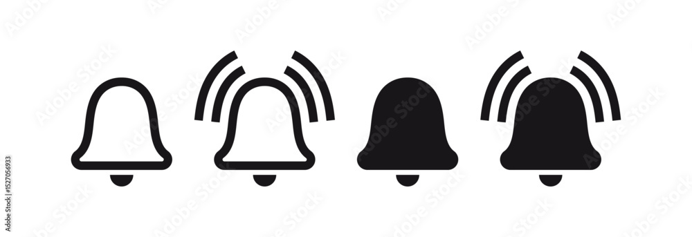 Aufkleber Set of bell notification icons in ringing and silent styles for notifications, reminders and alerts. Ideal for UI/UX, apps, alerts, reminders, and interface design in vector format. in outlinE, solid