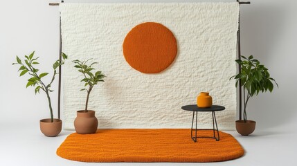 An orange rug in a minimalist interior setting.