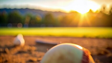 Close-up of a yellow softball resting on a dirt field at sunset, with golden light filtering through trees and grass in the background. - Powered by Adobe