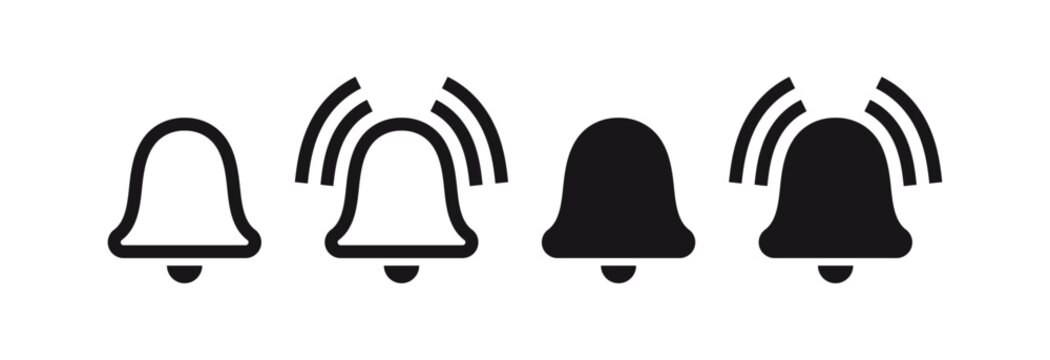 Set of bell notification icons in ringing and silent styles for notifications, reminders and alerts. Ideal for UI/UX, apps, alerts, reminders, and interface design in vector format. in outlinE, solid